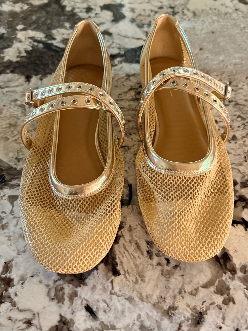 Soda Gold Mesh Double-Strap Mary Jane Flats
